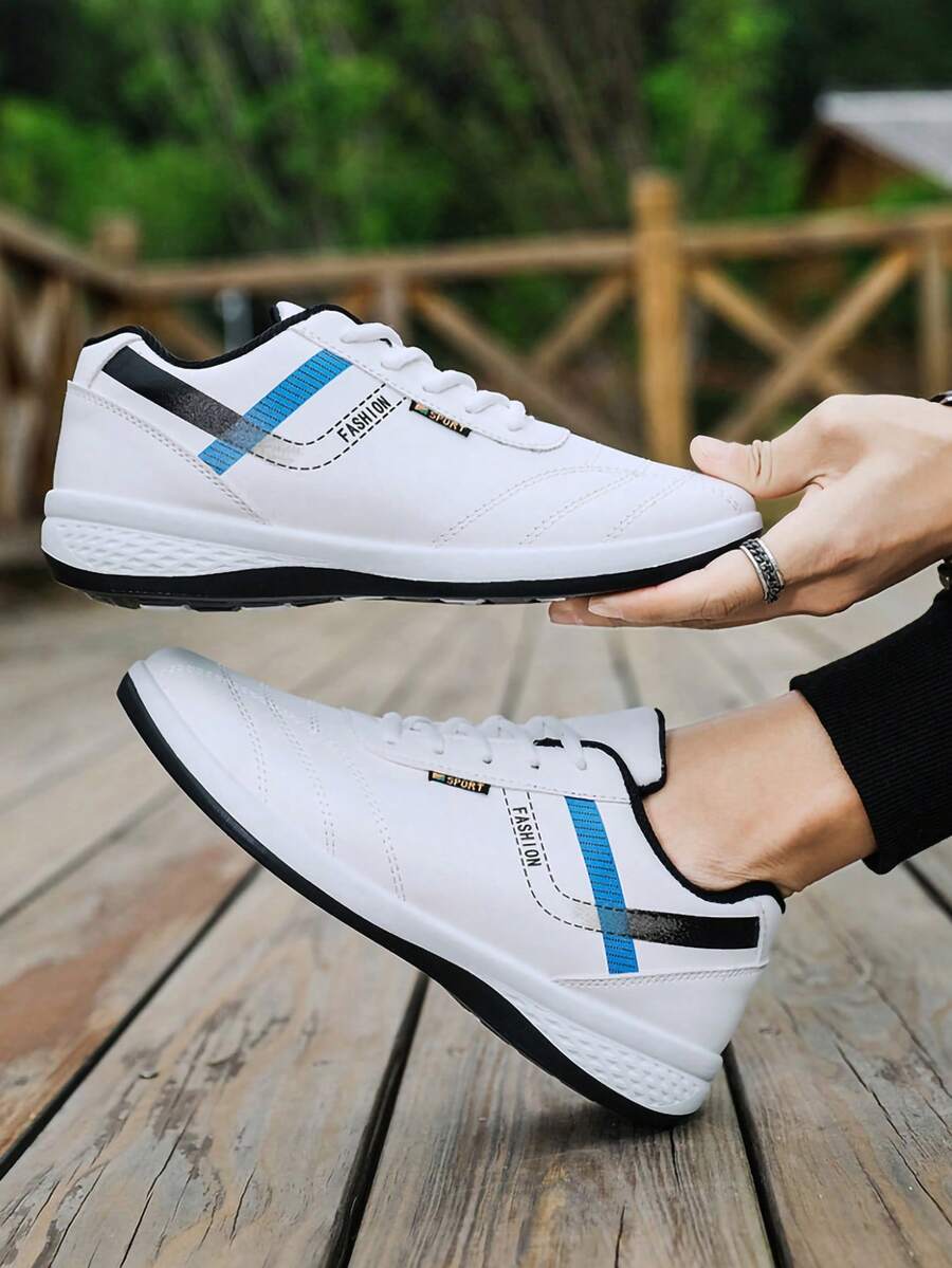 Los hombres de moda de color a juego Bloque de diseño de peso ligero suave Casual Sneakers,Round Toe Lace Up Low Top Shoes,Zapatillas de tenis de los hombres,Piso Cómodo Running Shoes - Blanco - Ver 1