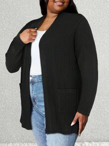 Long Sleeve Textured Cardigan Plus Size Autumn Winter Solid Knitted Coat