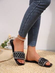 Women's Strap Rhinestone Decor Casual Sandals, Outdoor Plastic Flat Slippers