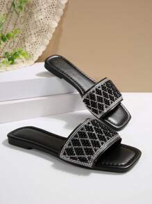 Women's Strap Rhinestone Decor Casual Sandals, Outdoor Plastic Flat Slippers