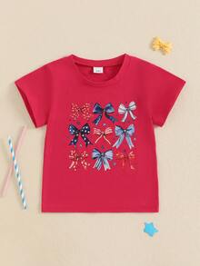 Kids Toddler Girl 4th Of July Patriotic T-Shirt Infant Girls Bow Print Tops Crew Neck Short Sleeve Casual Summer Tops For Girls - Red - View 6