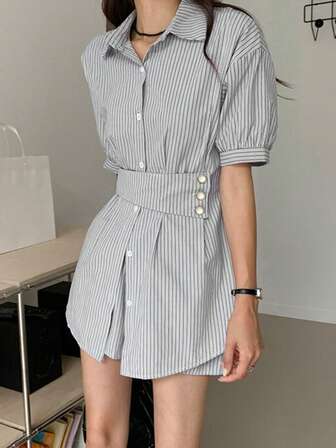 2025夏季韩版时尚办公室休闲收腰条纹衬衫+阔腿短裤两件套