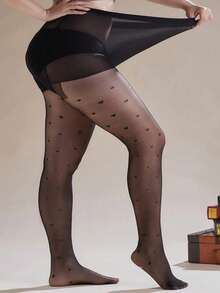 1 件女式加大码心形印花性感丝袜，简约纯色连裤袜 - 黑色 - 查看 3