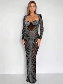 Women's Sheer Mesh Sparkling Rhinestone Sweetheart Neckline Scoop Back Slim Extra Long Dress Wedding Birthday Party Formal Dinner