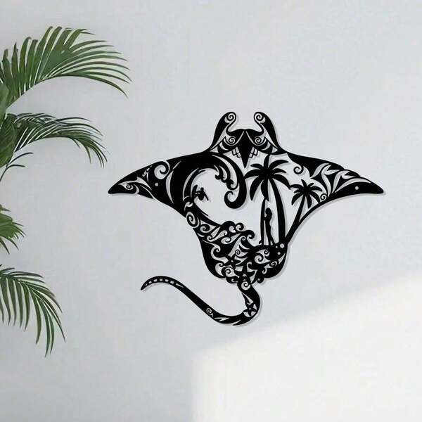 Coastal Charm Metal Manta Ray Wall Art - Beach-Themed Decor With Surfboard, Waves, Starfish & Palm Silhouette For Living Room, Bedroom, Bathroom,Home Decor ,Room Decor,Wall Decor,Suitable For Modern Home Decor