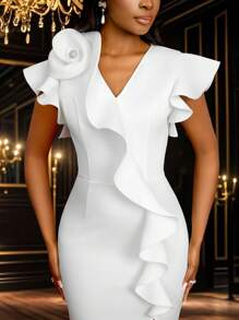 Vestido elegante de dama de honor para boda, fiesta o graduación, de longitud hasta el tobillo, con mangas cortas, volantes y detalles de flores 3D en color blanco