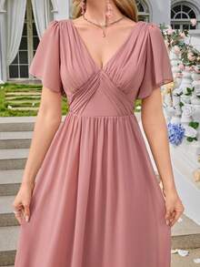 Chiffon Minimalist Sexy Deep V-Neck Ruched Bodycon Party Wedding Dress,Bridesmaid Dress - Coral Pink - View 3