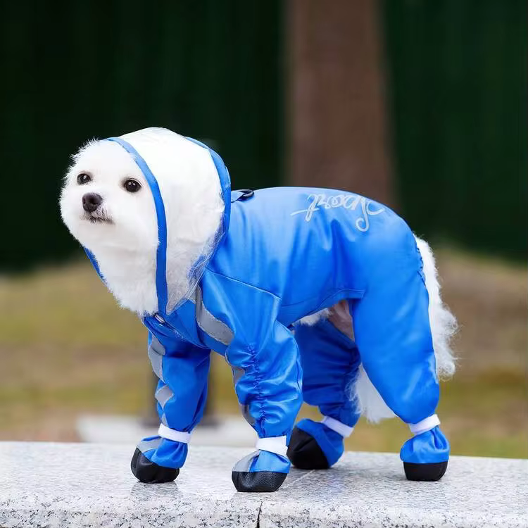 新款春夏宠物服装 - 猫衬衫、猫和小型犬四脚雨衣（带雨靴）、动物服装、带牵引绳的服装、宠物防雨四脚套装 - 粉色 - 查看 3