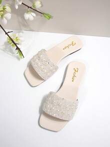 Korean Style Crystal Rhinestone Flat Slippers For Women, Summer Outdoor Wear New Chic Lady Sandals Open Toe Strap Slides - Beige - View 7