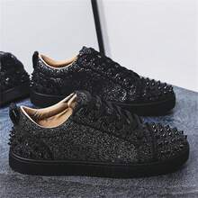 Zapatillas de hombre con decoración de remaches metálicos punk en el talón y la punta, zapatos de skate de corte bajo en bloque de color clásico negro y blanco, premium, ligeros, antideslizantes, suela blanda y transpirable, adecuados para uso casual, deportes, correr, escenario, fiesta, todo el año (para pies anchos o gruesos, pida una talla talla grande grande para mayor comodidad) - Estrella negra - Ver 5