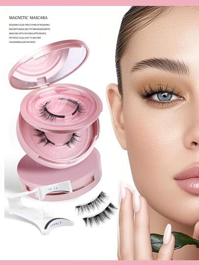 可重复使用无胶2对可重复使用的磁性睫毛膏，带涂抹，磁性睫毛膏外观自然，无需胶水，易于使用和拆卸