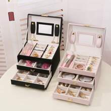 1pc Luxury Leather 3-Drawer Jewelry Box, Travel Carrying Jewelry Organizer For Earrings, Necklaces & Other Accessories With Lock