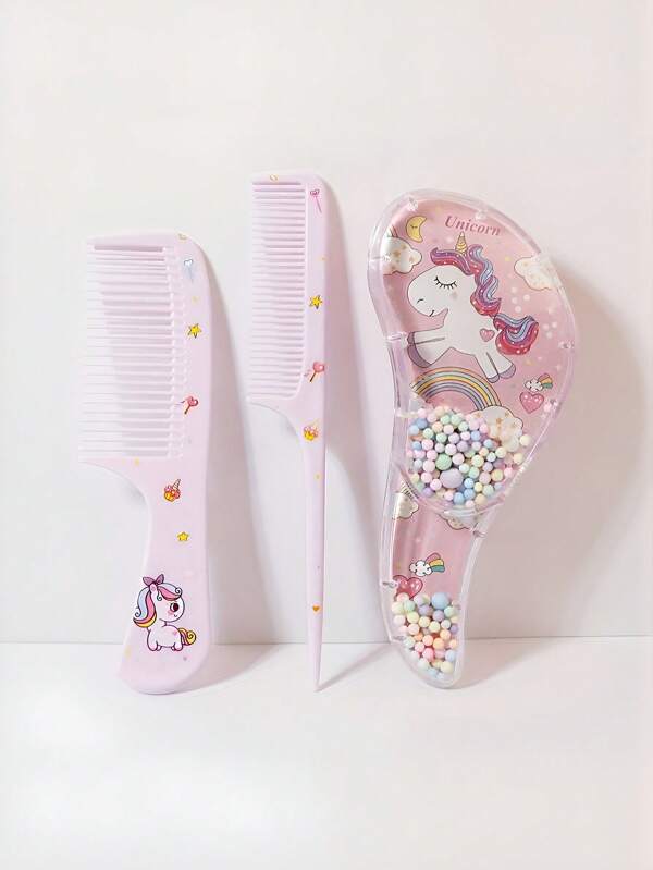 3pcs Hair Brush Set For Girls, Fine Teeth Pointed Tail Unicorn Design, Kid Child Hair Comb