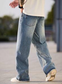 1 pieza Pantalones vaqueros sueltos con pierna ancha de estilo retro americano versátil para hombre, pantalones casuales lavados de ajuste relajado