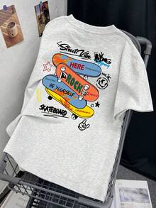 女士休闲宽松圆领卡通滑板印花短袖棉质 T 恤，春夏 - 淺灰色 - 查看 4