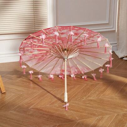Retro Chinese Umbrella With Tassels Floral/Animal Print Silk Parasol Umbrella Photography Props