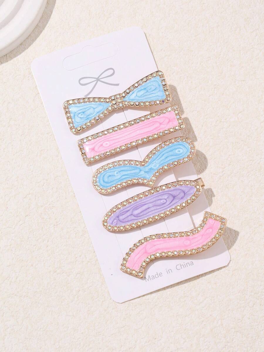 5pcs Rhinestone Alligator Clip Claw Clips, Crimped Loose Wave Bangs Clips, Pink Hair Accessories - Multicolor - View 1