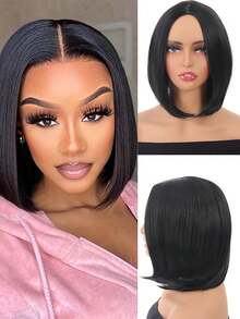 女士黑色鲍勃假发 短款黑色假发 中分直发 黑色假发 自然造型 耐热合成假发