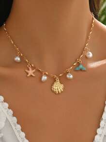 1 pieza Collar con colgante de estrella de mar y cola de pez con perla falsa de estilo océano de verano, cadena de clavícula de aleación con esmalte de colores, elegante para uso diario, vacaciones en la playa, citas, fiestas y viajes