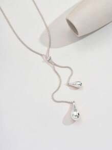 1pc Elegant Y-Shaped Necklace For Women, Fashion Teardrop Pendant Box Chain Tassel Long Necklace Apparel Accessory