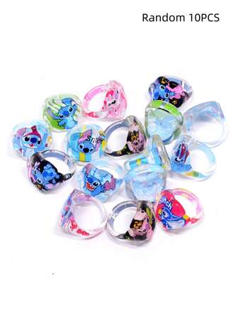 Disney 10 pièces Bagues acryliques à motif de personnage Disney Stitch, couleurs et motifs aléatoires