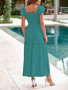 Vestidos de verano para mujer, plisados, de manga corta y con vuelo, con capas - Verde azulado - Ver 2