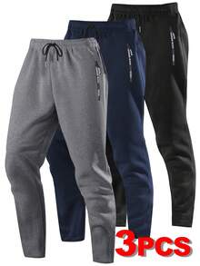 3PCS Men Drawstring Waist Solid Sweatpants Long Sweat Pants Plain Black Gym Basic Spring - Multicolor - View 7