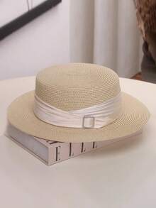 1pc Women Solid Color Flat Top Straw Hat, Vintage Versatile Casual Fashion Wide Brim Sun Hat, Beach Hat, Suitable For Spring/Summer, Beach, Vacation, Foldable Design, Matching For Dating, Hangout, Outdoor Activities - MZ2827 - View 1