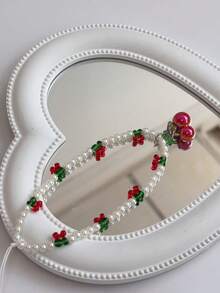 「Cherry Charm With White Beads」 - 3D Cute Fruit Pendant For Phone Strap/CCD Chain/Keyring (Kawaii Acrylic Jewelry, Summer Aesthetic) Gifts For Mother, Family, Friends, Birthday, Holiday Phone Charm, Phone Chain - Red and White - View 5
