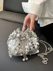 1 buah Tas Ember Tahan Air Berkilau dengan Penutup Tali Serut PVC, Hiasan Payet dan Logam, Dekorasi Mutiara & Logam, Tas Clutch Wanita Berwarna-warni Mengkilap, Tas Selempang & Bahu, Cocok untuk Pesta & Acara Formal - Perak - View 8