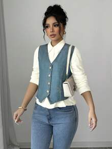 chaleco casual metalico aterciopelado con bolsas en los costados casual elegante - Azul - Ver 2