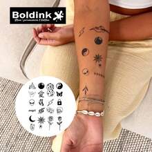 Boldink 各种防水防污临时纹身，持久 1-2 周，蝴蝶/月亮/玫瑰图案，哑光效果，适合日常和约会佩戴，多种选择 - 黑色 - 查看 3