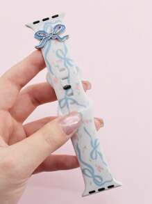 1PC Blue Bow Style Silicone Smart Watch Band Compatible With Apple Watch Band Women 49/46/45/44/42/41/40/38mm,Stylish Printed Strap With Bow Charms Dressy Wristband For Watch Bands Compatible With Apple Series 10 Ultra 2 9 8 7 6 5 4 3 2 SE Compatible With Apple Watch Accessories