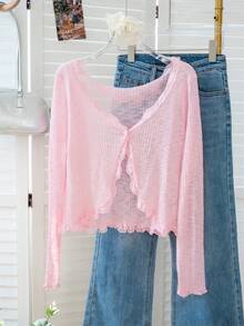 女士蓝色蕾丝边 V 领罩衫，可爱返校夏季披肩轻便外套 - 粉色 - 查看 2