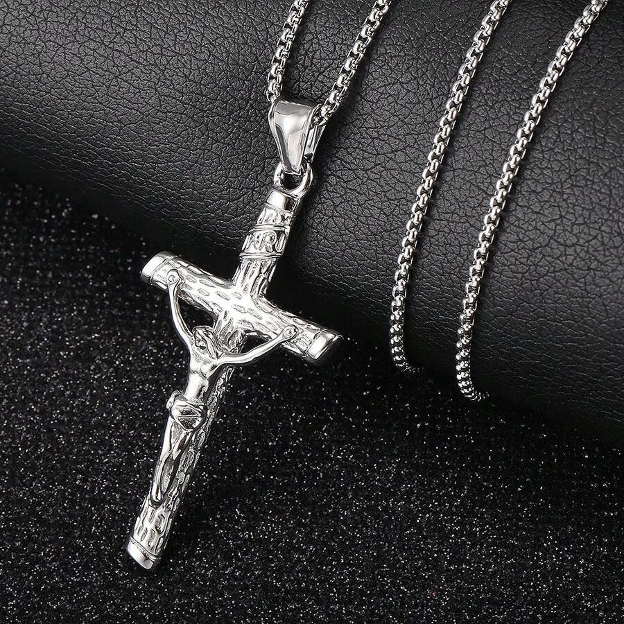 Trendsmax Silver Color Stainless Steel Jesus Christ Cross Pendant Necklace With Box Chain Summer Jewelry For Men Women 16inch - 16" Box Chain - 查看 1