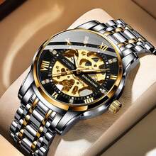 1pc Luxury Men's Automatic Skeleton Tourbillon Watch With Diamond Markers & Luminous Hands – 50M Waterproof, Japanese Mechanical Movement, 316L Stainless Steel Two-Tone Case, Transparent Glass Back – Premium Business Gift For Dad/Birthday/Friends - 彩色 - 查看 1