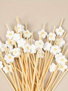100pcs Sweet Daisy Theme Disposable Food Picks Flower Dessert Fruit Forks - Wooden Toothpick Sticks, Perfect For Drinks, Desserts, Appetizers, Fruit & Dessert Decorations, Party, Wedding, White Faux Pearl Mini Food Picks For Decoration, Kitchen, Summer Parties - Durable, Fun Drink Accessories - Multicolor - View 3