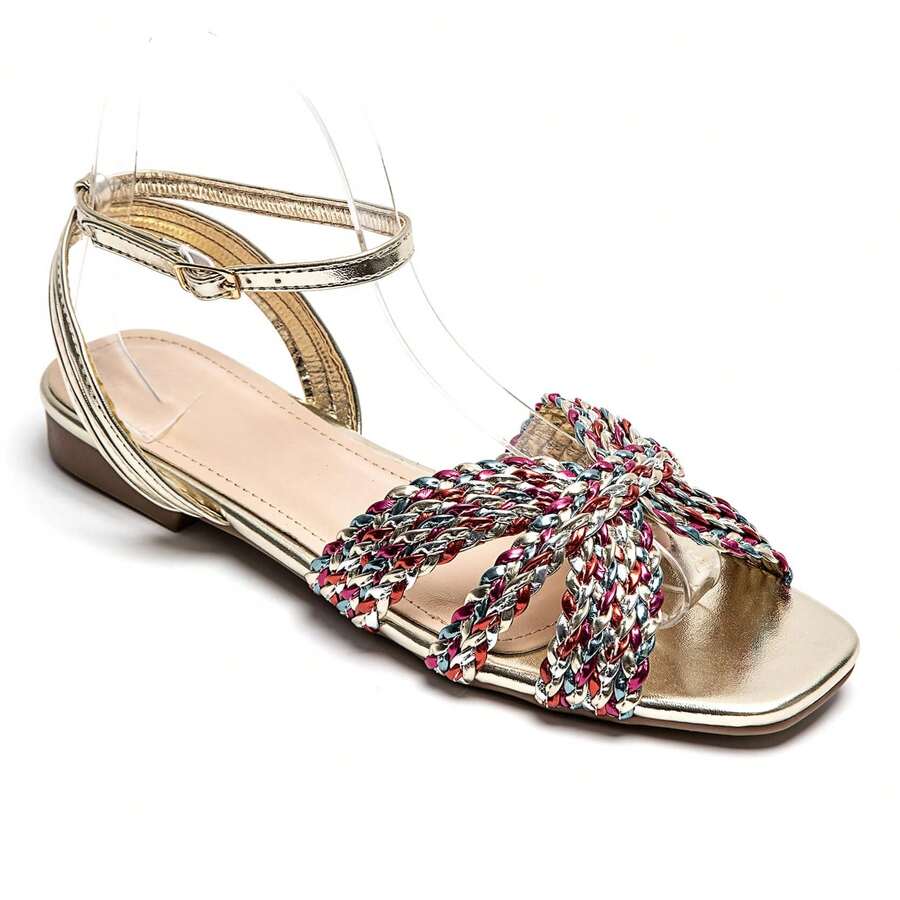 Flat Sandals With Woven Crescent-Shaped Straps And Adjustable Buckle - Fashionable And Comfortable Summer Style - Multicolor - View 1