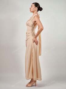 Andrea Bello Robe en mousseline de soie fluide à col V profond et dos nu pour mariage, printemps été