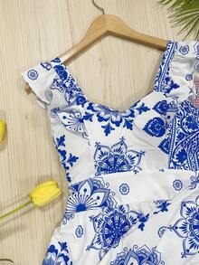 Long Dress PRINTED With Lining With Cup In Beautiful, Fashionable CREPINHO Fabric - Blue and White - View 4