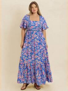 Váy nữ mùa hè họa tiết hoa xanh cổ vuông, phong cách Bohemian phù hợp cho trang phục đi biển Lễ Phục Sinh, lễ hội âm nhạc Hawaii, kỳ nghỉ nhiệt đới thanh lịch - Màu xanh lam - Xem 8