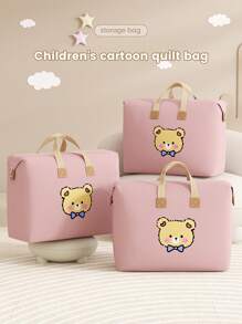 1PC Pink Large Capacity Household Clothing Storage Bag, Tie Bear Cartoon Pattern Bedding Storage Bag, Lightweight And Movable Zipper Handbag, Quilt Storage Bag, Autumn Decoration, Holiday Decoration, Room Decoration, Home Decoration, Autumn Decoration, And Bedroom Decoration