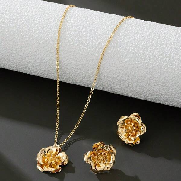 Neue süße und exquisite Diamant verkrustete Blume Halskette Armband Earnail Set, modische und elegante Schmuck-Set