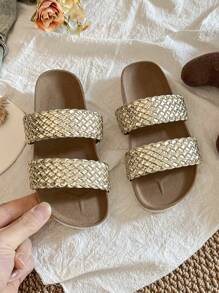 1 par de chanclas de verano promoción color marrón tierra, resistentes al desgaste, de moda y sencillas, con suela blanca gruesa, para niñas de 3 a 12 años, adecuadas para uso interior y exterior, con diseño trenzado de doble hebilla dorada