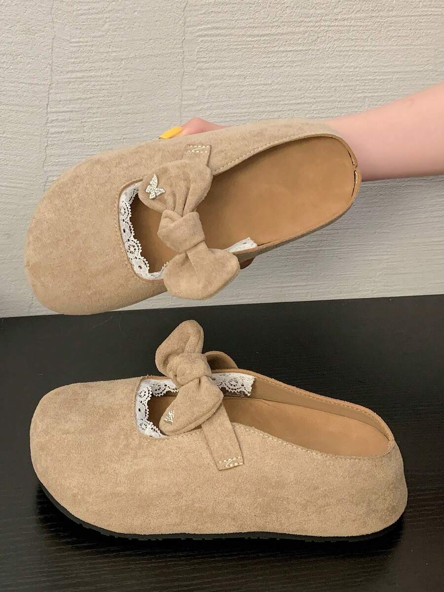 女式复古水钻装饰厚底一脚蹬露趾穆勒鞋，鞋底柔软舒适 - 駝色 - 查看 1