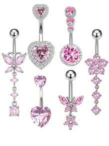 6pcs Stainless Steel Body Piercing Kit, With Flower, Butterfly, Heart Shaped Cubic Zirconia Navel Rings For Women