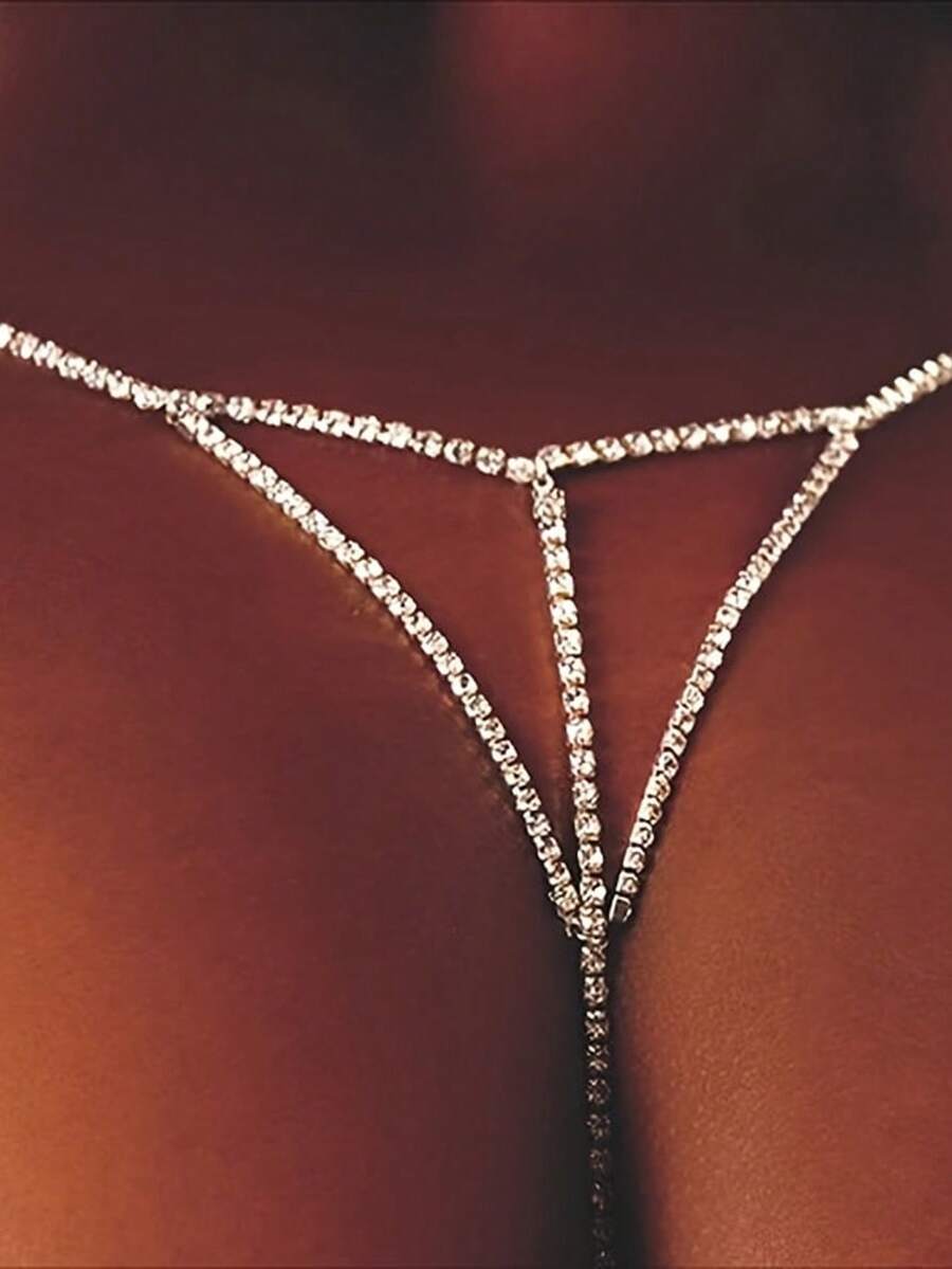 1pc Silver Sexy Rhinestone Triangle Panty, Hollow-Out G-String Bodychain Jewelry For Women - Silver - View 1