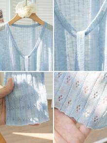 系带开衫透视镂空长袖针织毛衣，短款上衣，适合返校季 - 藍色 - 查看 9