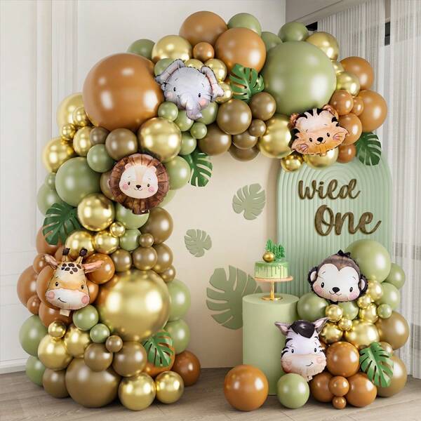 127pcs Avocado Green Balloon Garland Set Jungle Animal Foil Balloon For Wild One Theme Birthday Party Decorations Supplies,Summer Party Event Decorating Balloons,Babe Shower Bridal Shower Home Party Decor