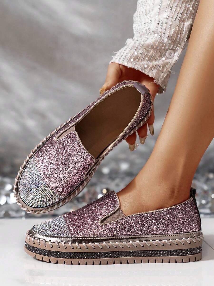 Minimalist European And American Fashion Slip-On Rhinestone Embellished Casual Flat Shoes, Non-Adhesive - Mauve Purple - View 1